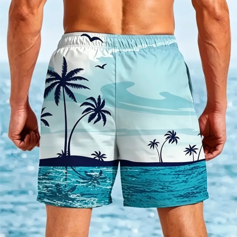 Men's Quick Dry Swim Trunks Summer Beach Shorts Palm Tree Print Board Shorts Elastic Waist Drawstring Surfing Bathing Suits with