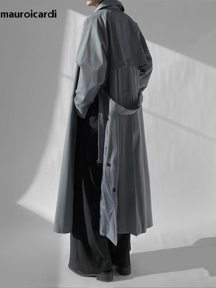 Mauroicardi Spring Autumn Long Black Blue Oversized Trench Coat Men with Side Double Slit Belt Loose Casual Korean Fashion 2023