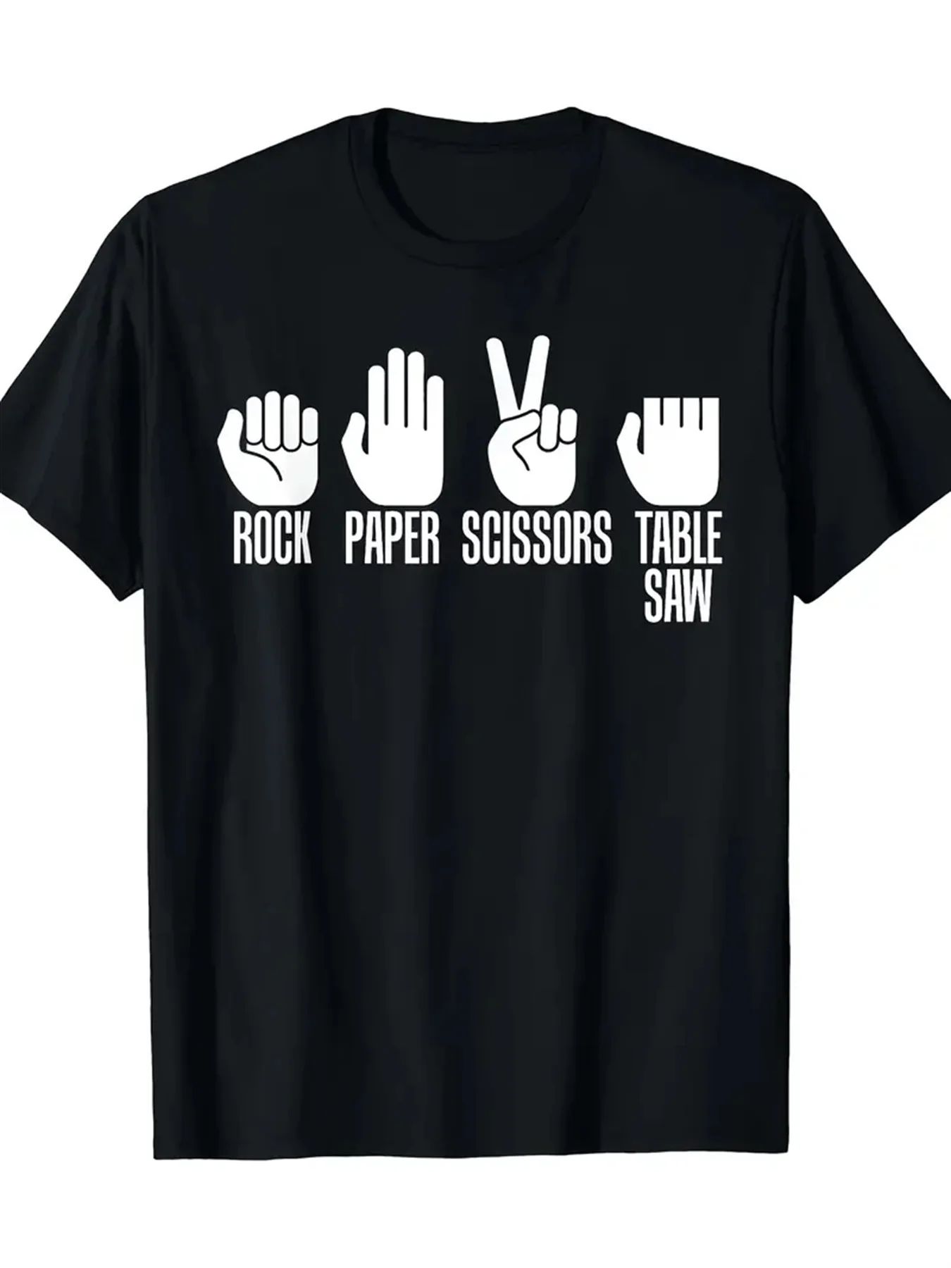 

Men's Rock Paper Scissors Table Saw Graphic T Shirt Black Slim Fit Cotton Tee with Playful Hand Gesture Design Breathable