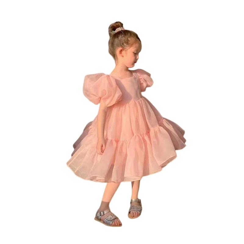 Summer Cute Girls Pink Princess Dress Mesh Puffy Short Sleeve Dress Toddler Kids Fancy Birthday Party Dress Tutu Costume 2-7Y