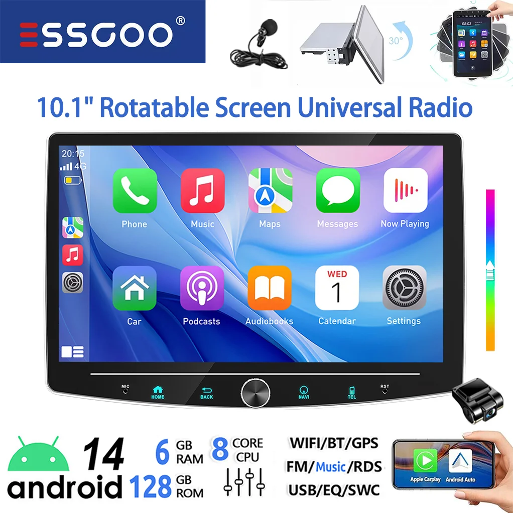 ESSGOO 6+128G 8-core 4G Android 14 Universeel Autoradio Draadloze Carplay Android Auto 1DIN 101" 360° Draaibaar Touchscreen met Microfoon Kleurrijke Knop AM Wifi Bluetooth RDS Multimedia Videospeler