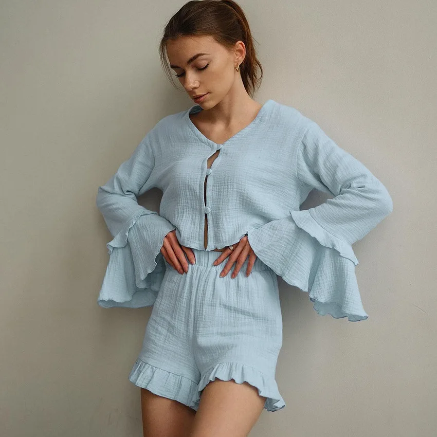 2024 Summer Thin Bubble Wrinkle Cotton Cardigan Ruffled Edge Long Sleeve Shorts 2-piece Set of Ladies Loungewear Sleepwear Women