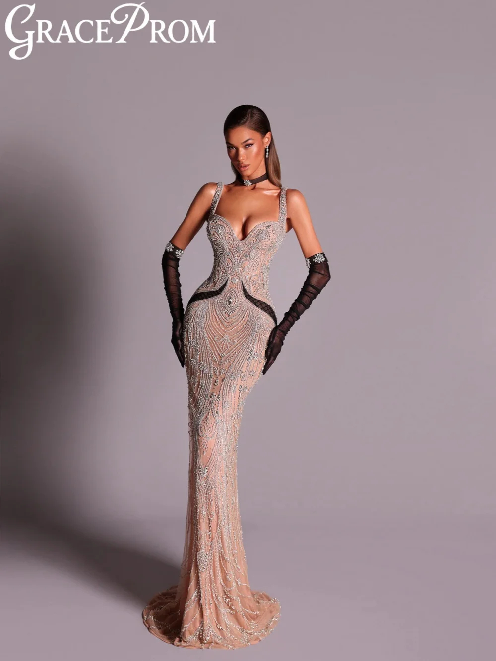 

Silver Dazzling Crystal Evening Dress Without Gloves Sweetheart Neck Wedding Party Gown Customized Thin Straps Prom Dresses