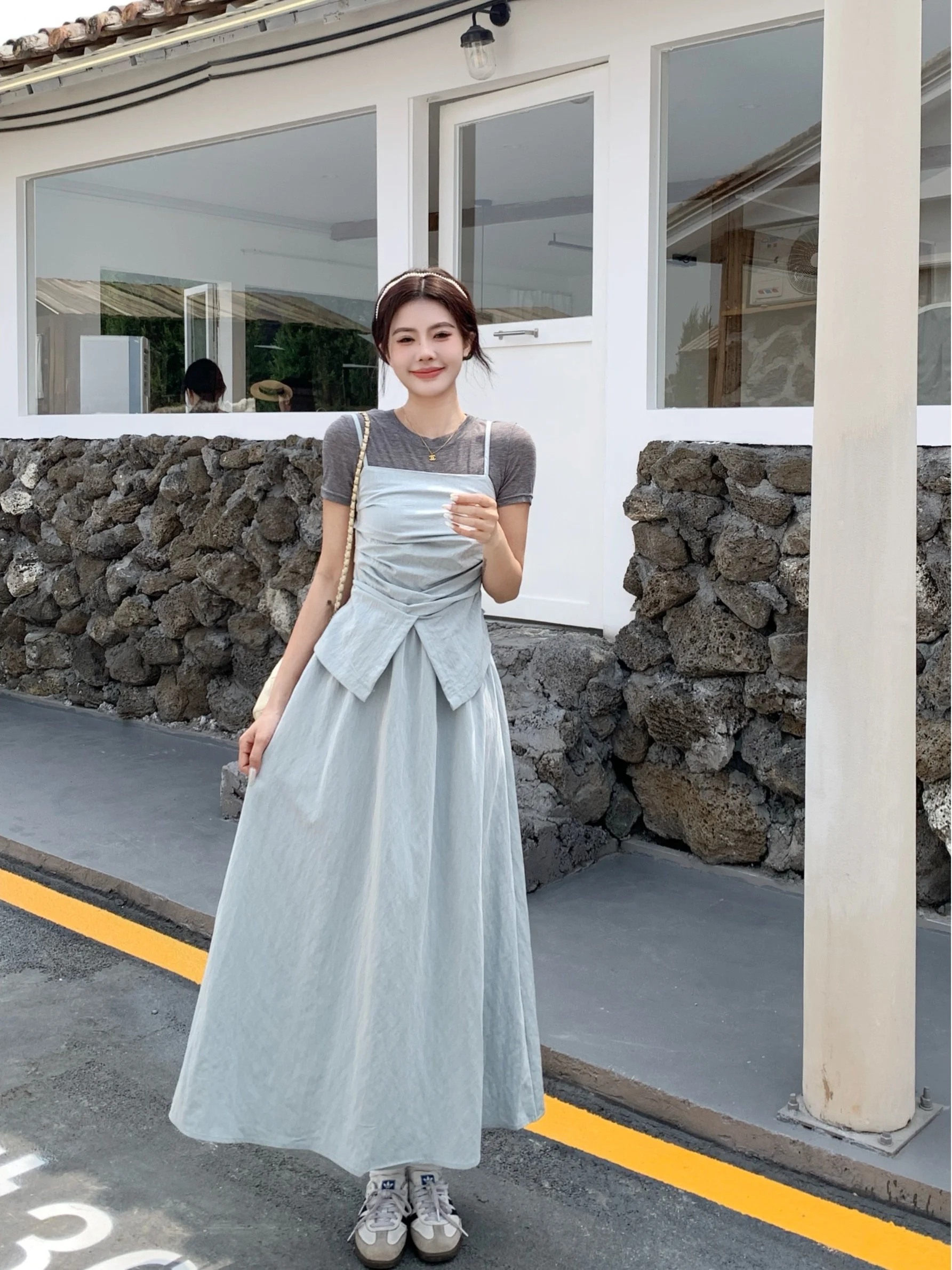 

plus Size Women's Fashion Set Autumn Short Sleeve round Neck Dress Cover Belly Slimming Two-Piece Suit Commute Style