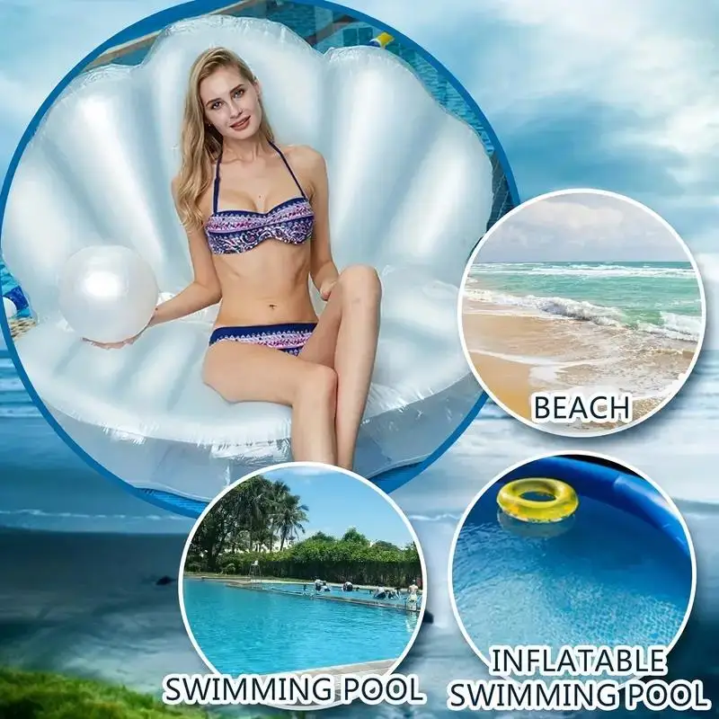 Inflatable Shell Shaped White PVC Seashell Pool Float,  Blow Up Giant Clam Floatie with Pearl Ball, Shell Pool Floating Ride On