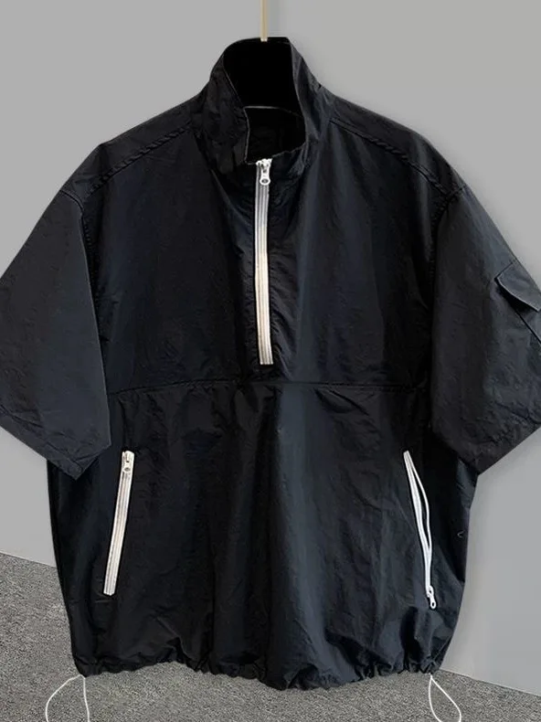 

Loose Ice Silk Workwear T-Shirt Pure Color Half Sleeve Zipper Design Quick Dry Breathable Casual Style for Summer Men's Shirt