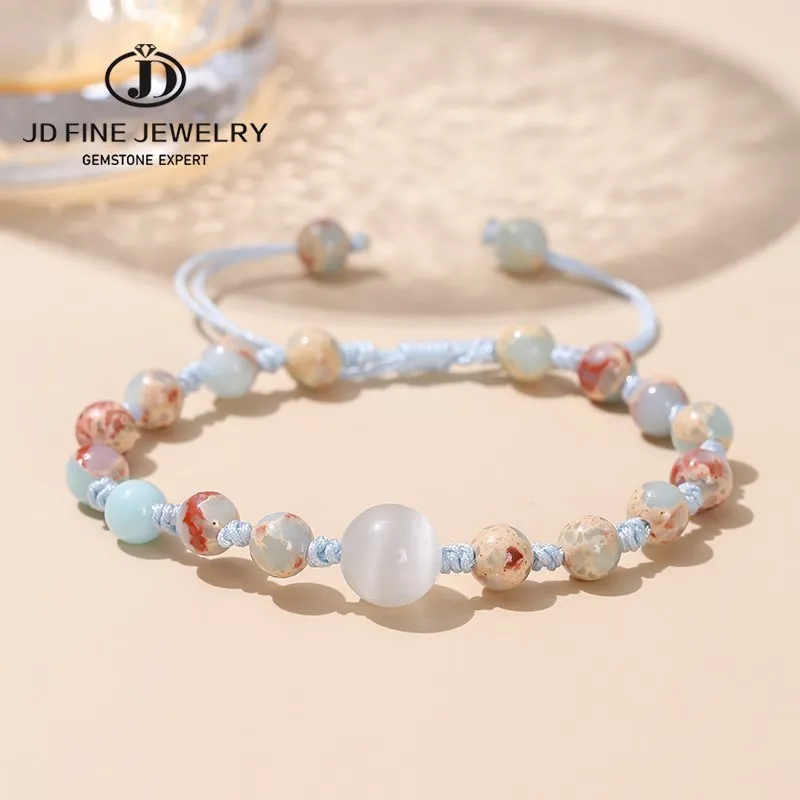 

JD Natural Light Blue Snake Skin Stone Woven Bracelets Women Sweet Style Adjustable Cat Eye Bead Braided Wristband Jewelry Gift