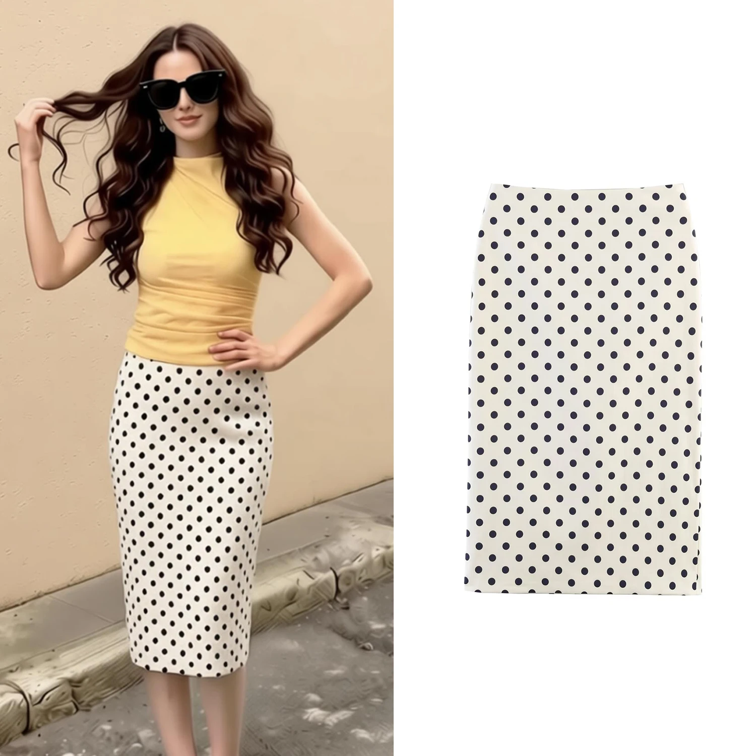 Women's Skirts Summer Female Polka Dot High Waist Midi A- Line Skirts Lady Straight Cut Fashionable Commute Half Skirts