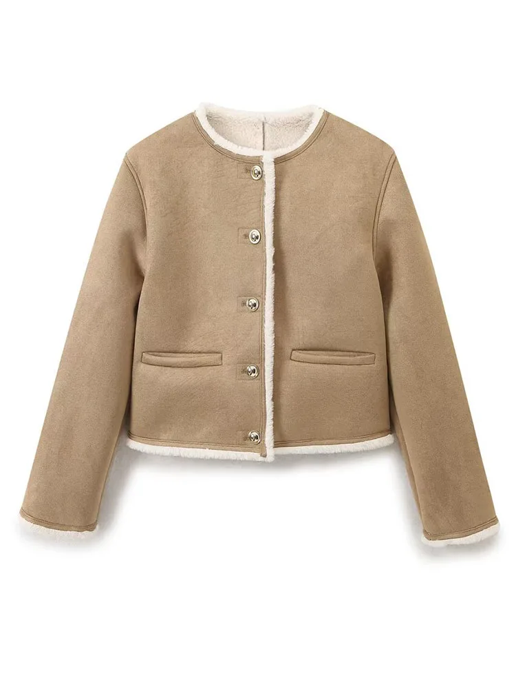 

HH Women's Winter New Fashion Gold Button Reversible Warm Jacket Female Crew Neck Single Breasted High Street Casual Short Coat