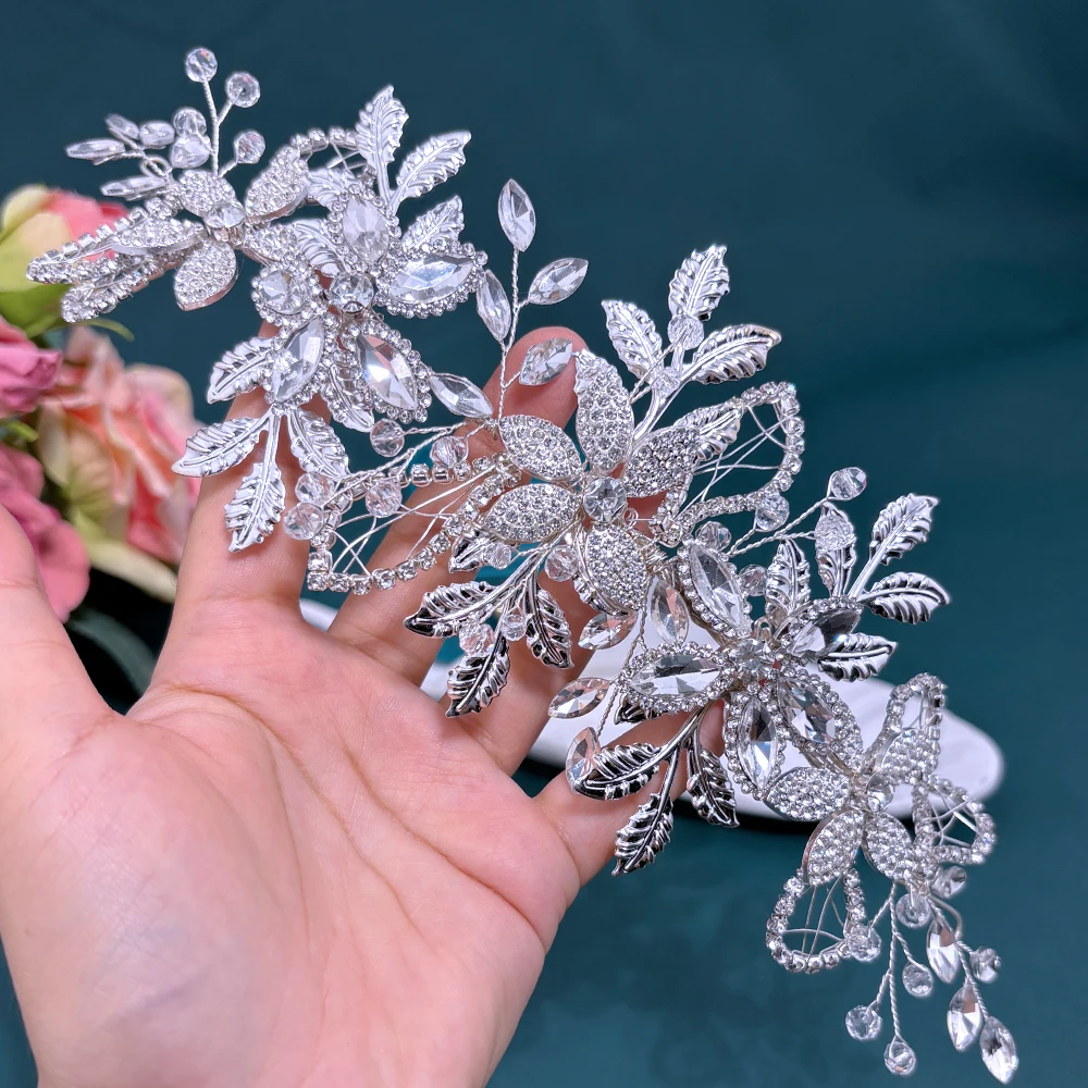 

DZ291 Luxury Rhinestone Tiaras Bridal Crown Headband Leaves Wedding Hair Accessories Jewelry Silver Handmade Party Headpieces
