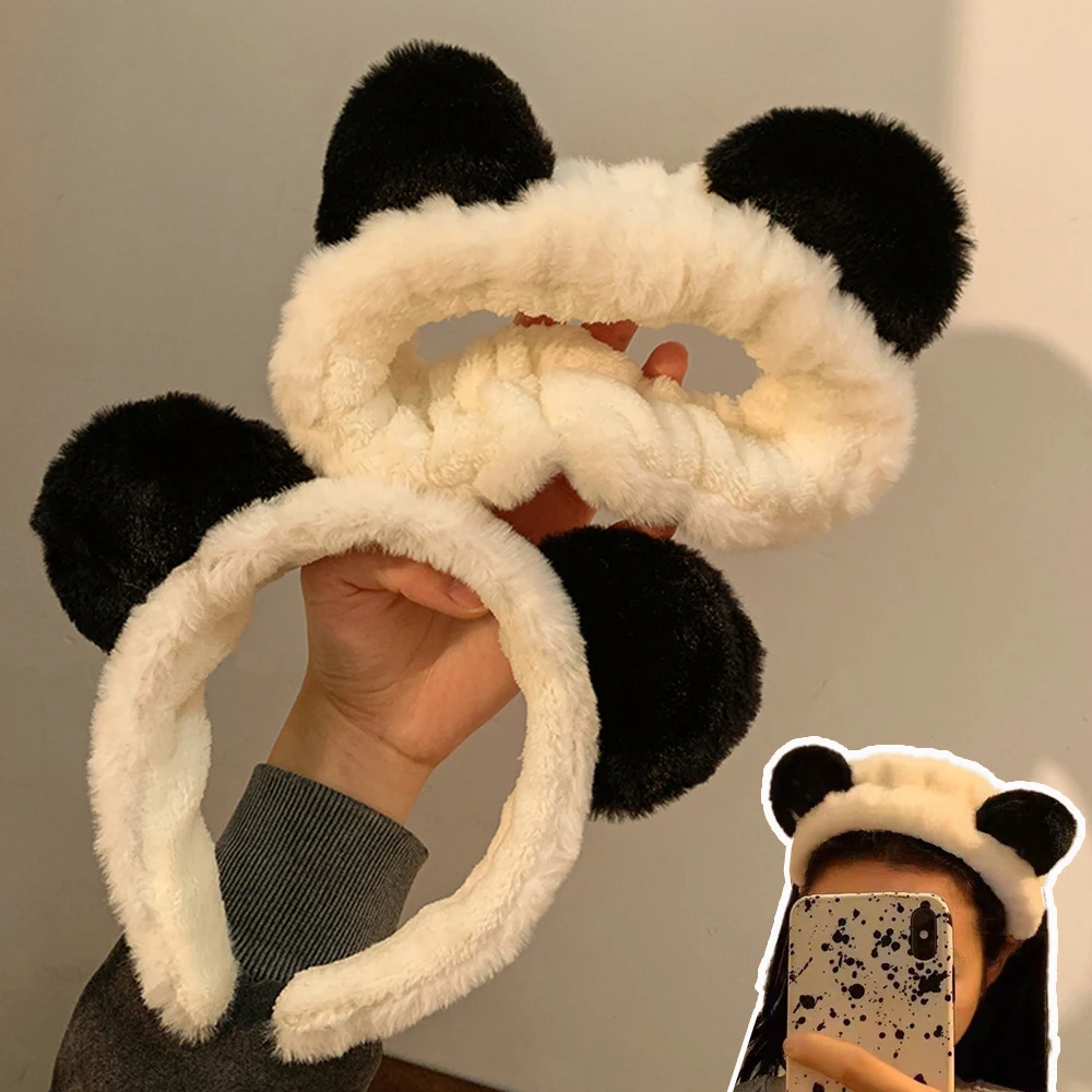 Cute Plush Headband panda Ears Hair Hoop Wash Face Makeup Headwear for women Furry Headband Cartoon Head Hoop Hair Accessories