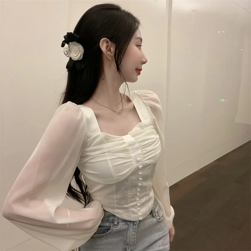 French sle Advanced Sense White Chiffon Shirts  Early Autumn Design Sense  Gyaru Chic Pure Desire Top Women