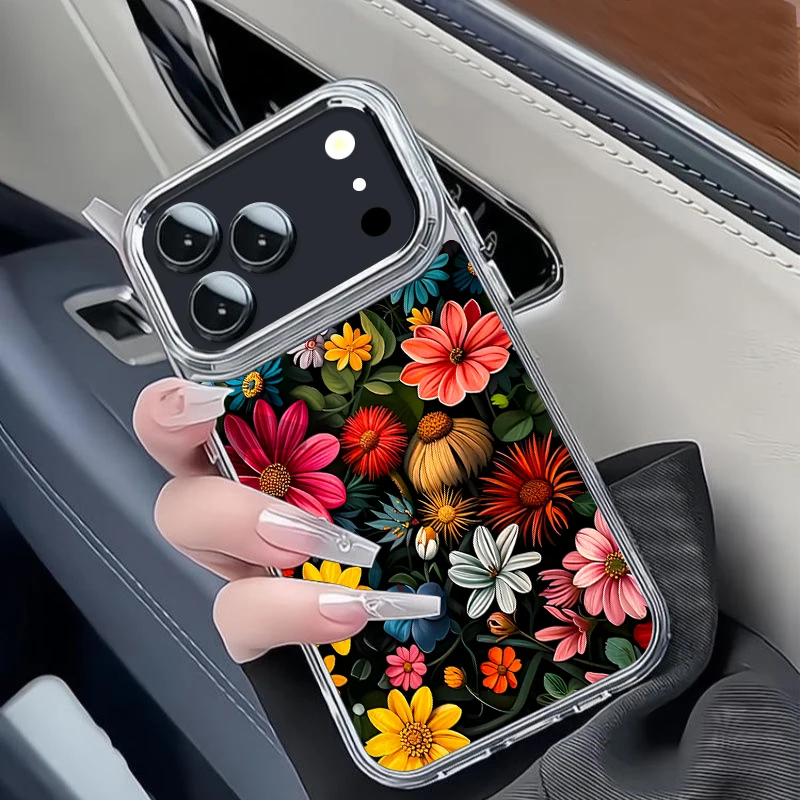 Funda de Teléfono TPU con Diseño Floral para iPhone 17 16 15 14 13 Pro Max 17e 16e 11, Marco de Lente Plateado, Cubierta Trasera de Silicona Suave Transparente