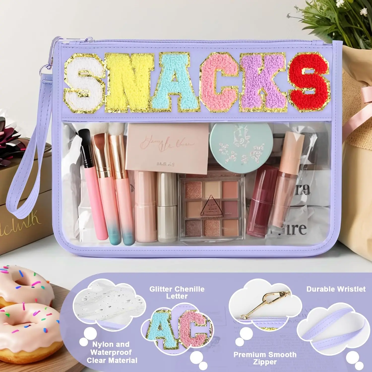 

Pouch Snack Bag for Travel with Zipper, Waterproof Clear Nylon Pretty Patch Makeup Cosmetic tote Bags for Women Girls kawaii2025