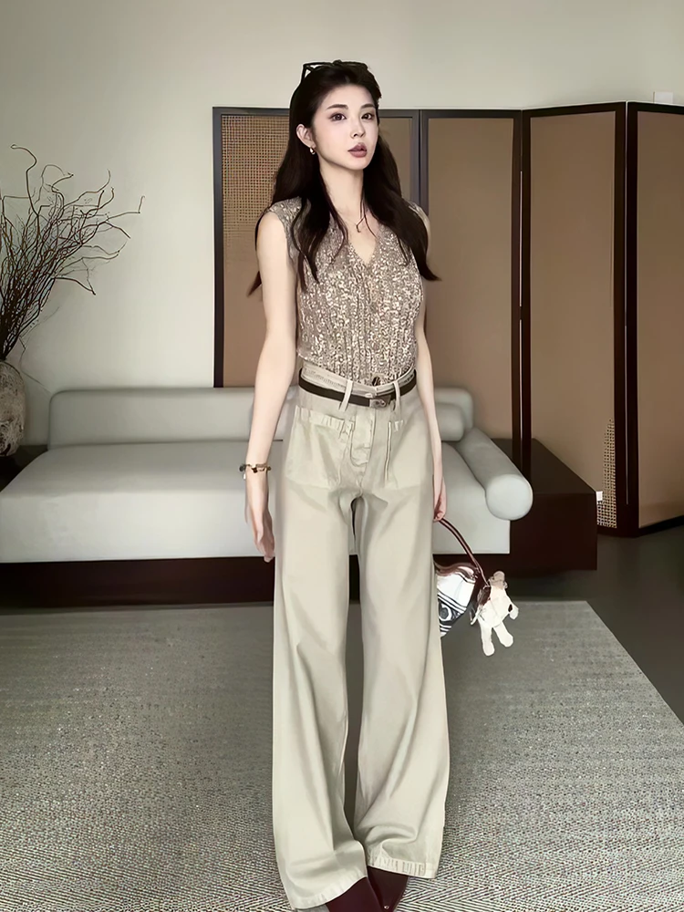 

Elegant Slim Fit Knitted Vest And High Waist Wide Leg Pants Set Women's Fashion Ensemble V Neck Button Closure Polyester
