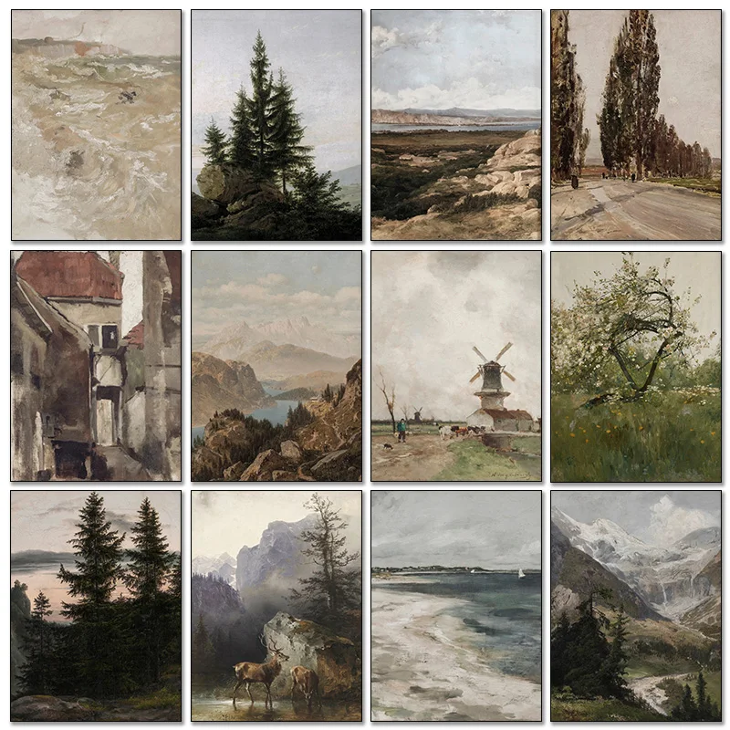 1Pc Frameless Vintage European Country Landscape Forest Deer Sky HD Poster Print Portrait Sailboat Canvas Painting Picture For H