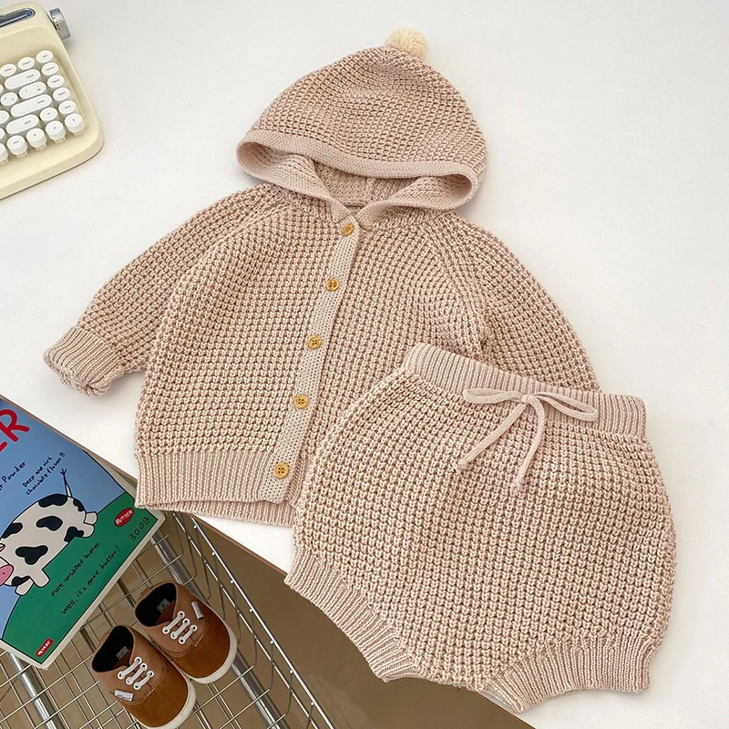 Autumn Spring Korean Style Children Knitted Clothing Long Sleeved Solid Color Cardigan+Shorts Newborn Baby Girls Clothing Suit