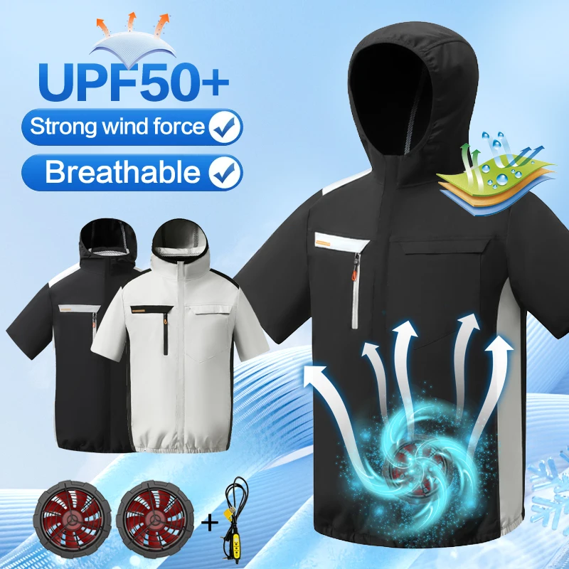 

Summer heat prevention and cooling fan clothing for men with short sleeves and smart cooling function. Outdoor sun protection fi