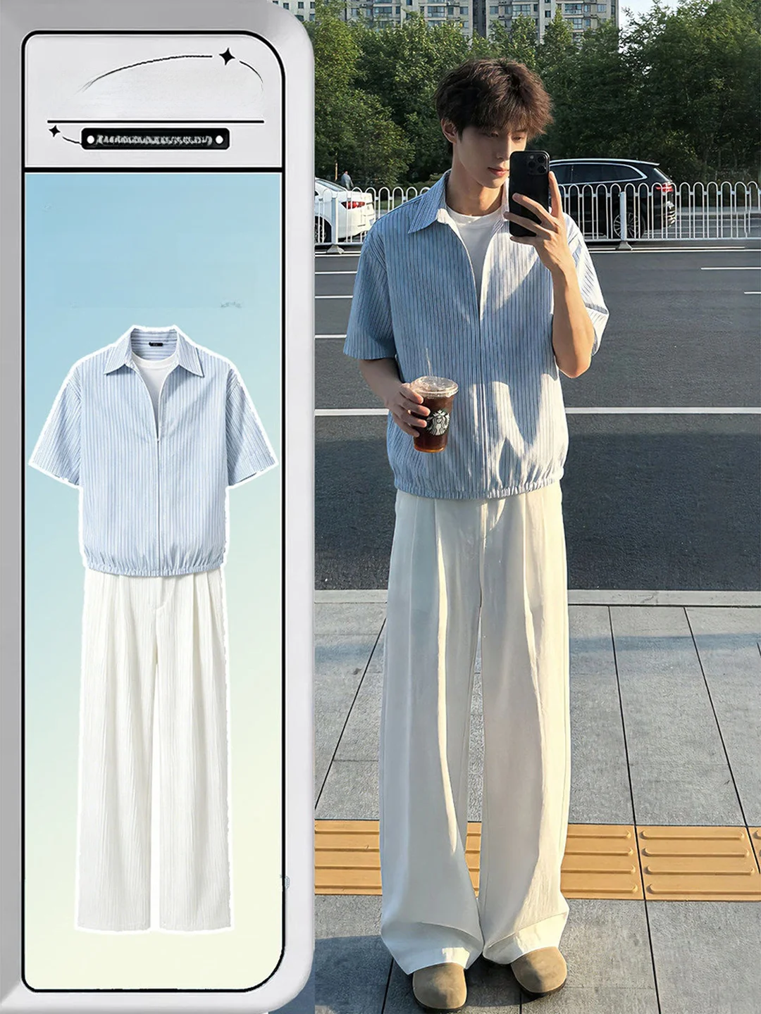 Ice Silk V-Neck Striped Shirt And Pants Set for Men Casual Loose Fit Summer Breathable Lightweight Half Sleeve Vintage Style