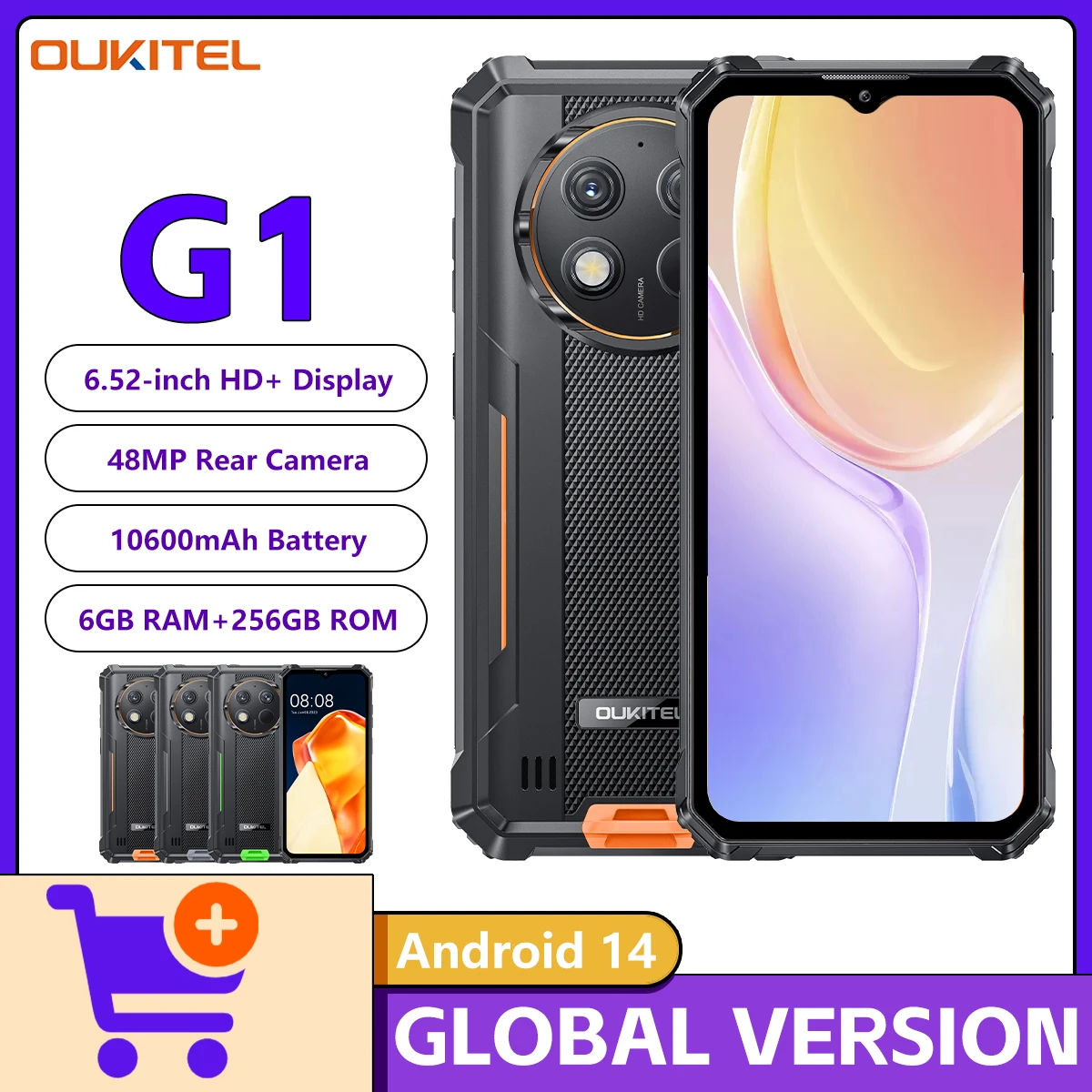 Oukitel G1 Rugged Smartphone Android 14 6.52‘' HD+ 10600mAh 6GB RAM+256GB ROM T606 Octa-core 48MP Camera Cellphone NFC