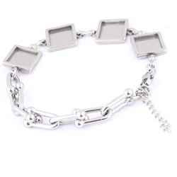 2pcs Stainless Steel Chain Bracelets Base Blanks Fit 10mm Square Cabochon Setting Trays Diy Jewelry Making Supplies