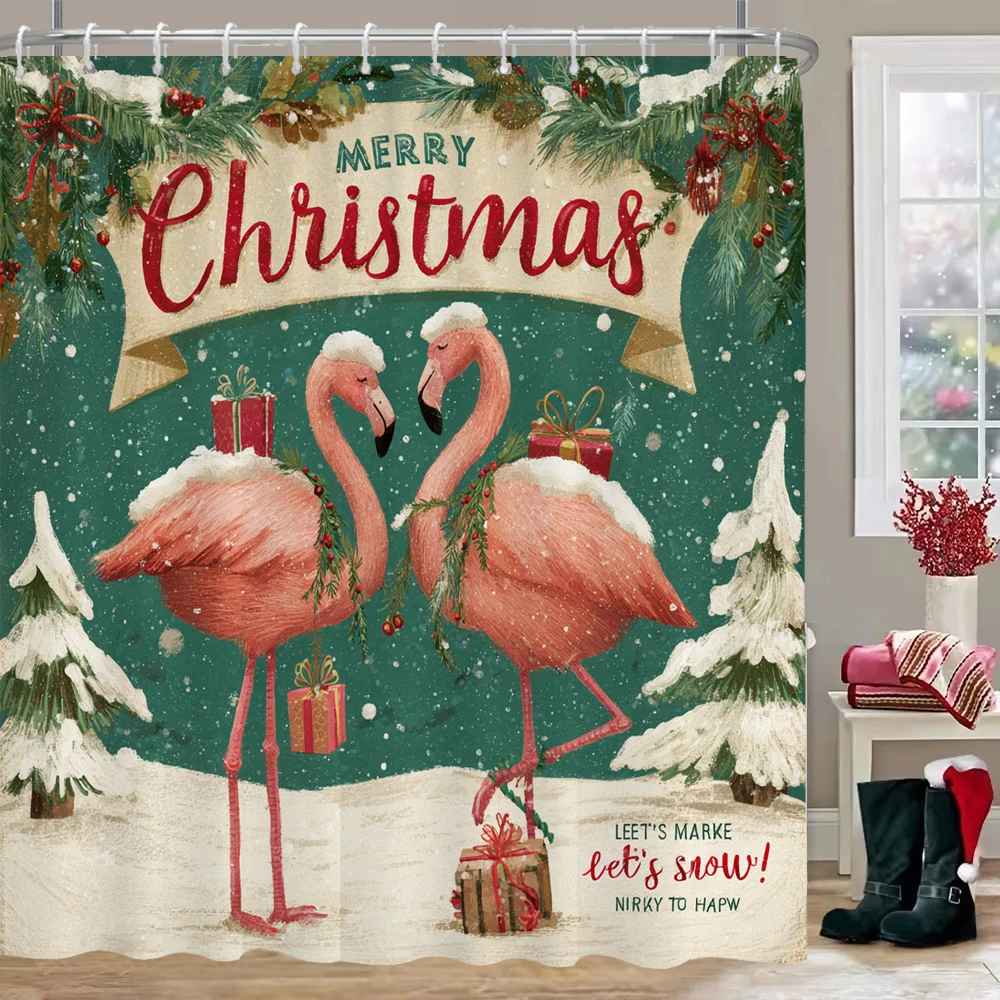 

Pink Christmas flamingo Shower Curtain, Christmas Bathroom Curtain Fabric Christmas Gift Curtain, Decoration With Hooks