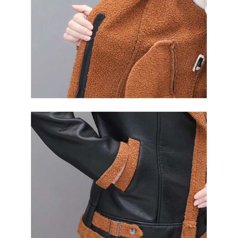 Plus velvet Leather Jacket Women's Outwear New Autumn Winter Leather Jacket PU Imitation Lamb Wool Coat Short Thick Warm Jackets