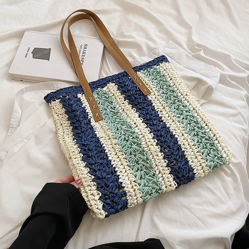 Tas Bahu Wanita Jerami Tas Tangan Anyaman Anyaman Desain Mutiara Fashion Tas Rotan Pantai Musim Panas Kasual Dompet Belanja Tote Besar