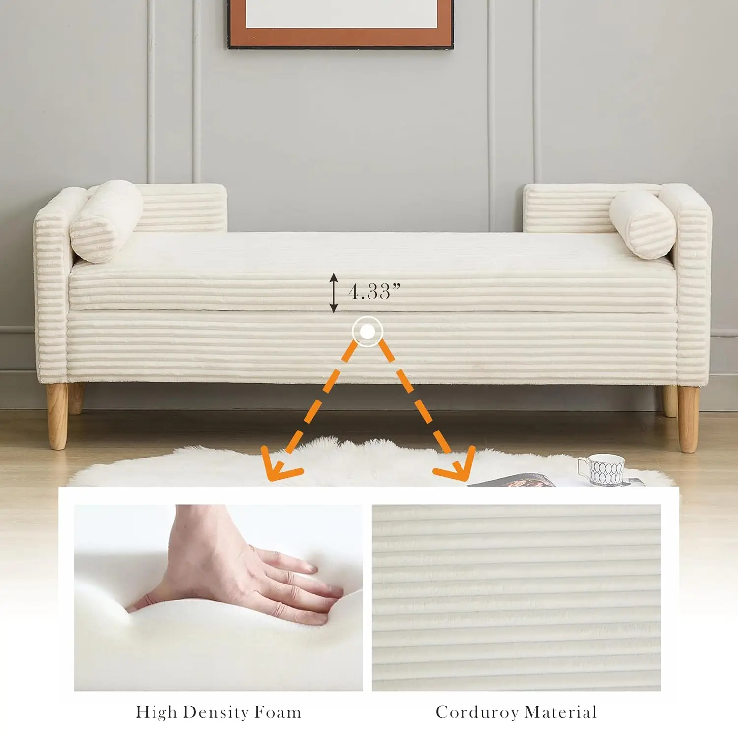 Storage Ottoman Bench with Bolster Pillows & Armrest, Window Seat for Bedroom Living Room, Corduroy, Ivory, Customized