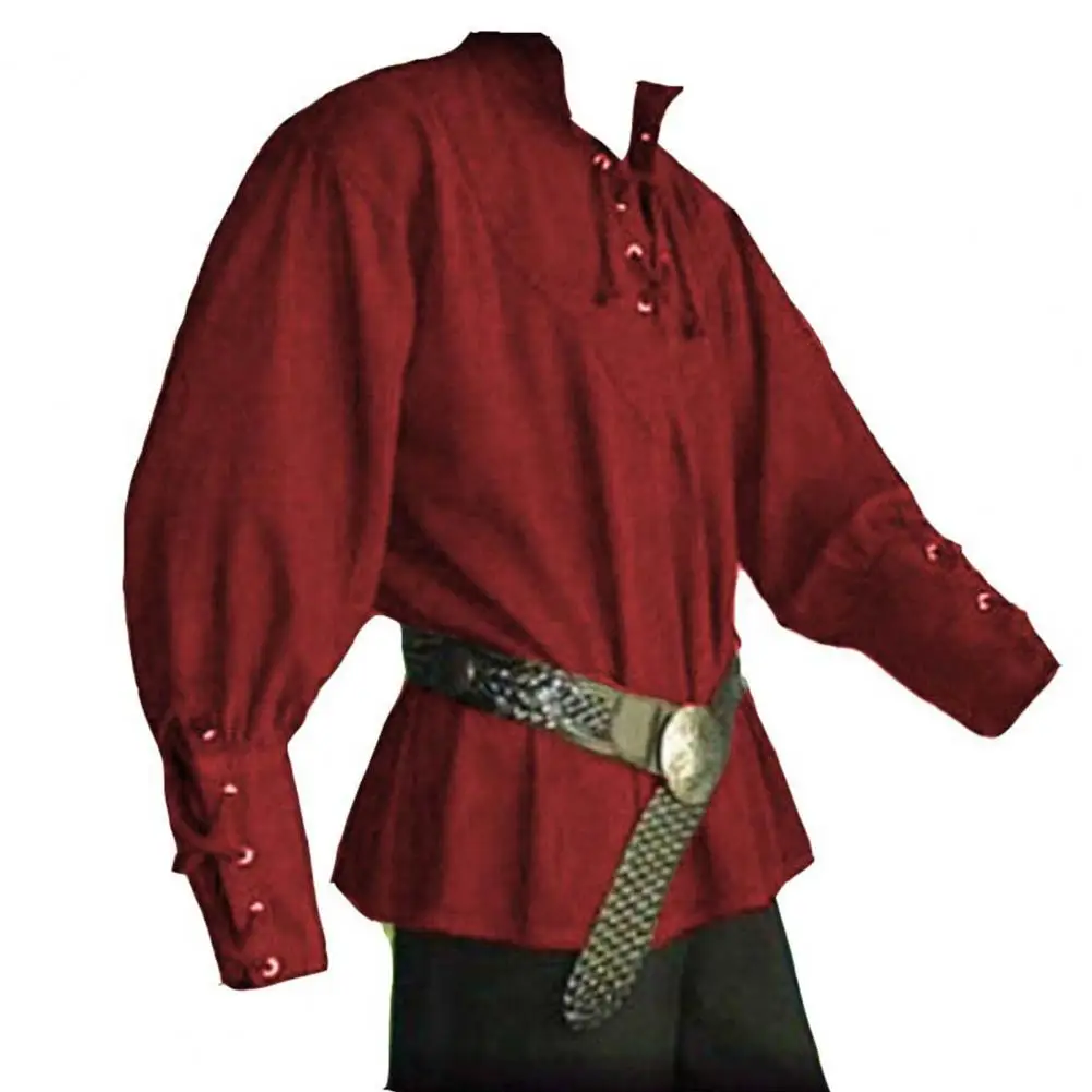 Handsome Men Medieval Renaissance Long Sleeve Shirt Bandage Casual Tops Halloween Landlord Knight Shirt Vintage Cosplay Costume