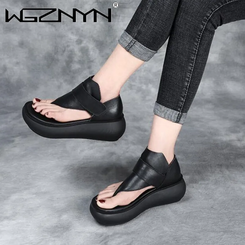 NEW Designer Women Sandals Round Toe Leather Platform Wedges 2024 Summer High Heel Shoes Full Genuine Leather Black Casual Shoe