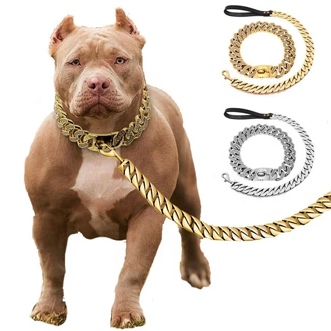 Роскошный блестящий горный хрусталь 32 мм, золотая цепочка для собак, набор ошейников и поводков, сверхмощное большое колье, ошейники из нержавеющей стали Pitbull