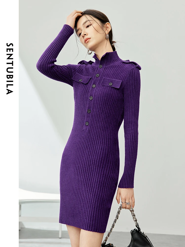 

SENTUBILA Half High Collar Straight Long Sleeve Knitted Dress 2024 Spring Fashion Single Breasted Slim Mini Dresses W41L53935X