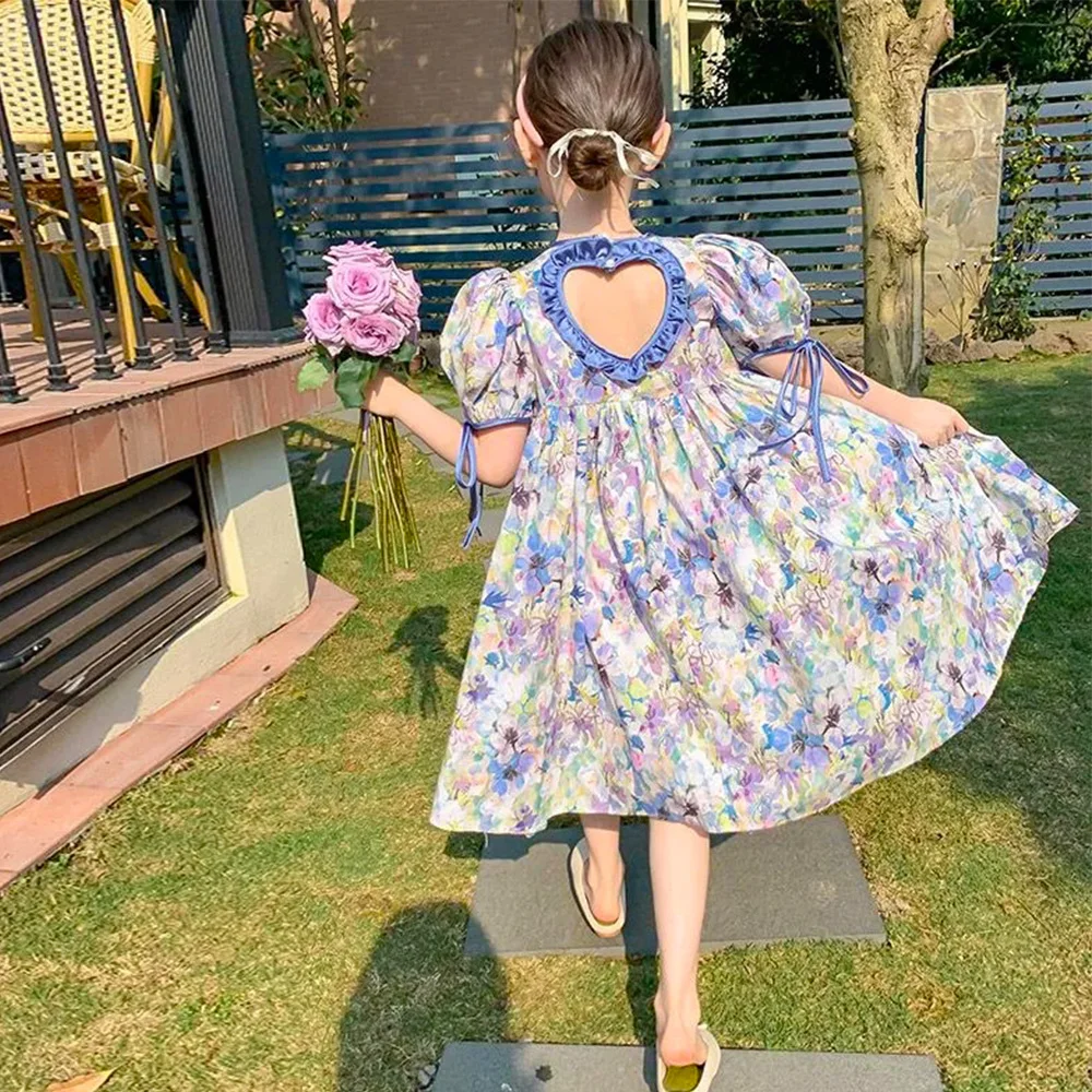 

Summer Girl Princess Dress Full Printing Elegant Short Sleeve Vestido 3-12Y Children Clothing Floral Vacation Beach Dress Casual