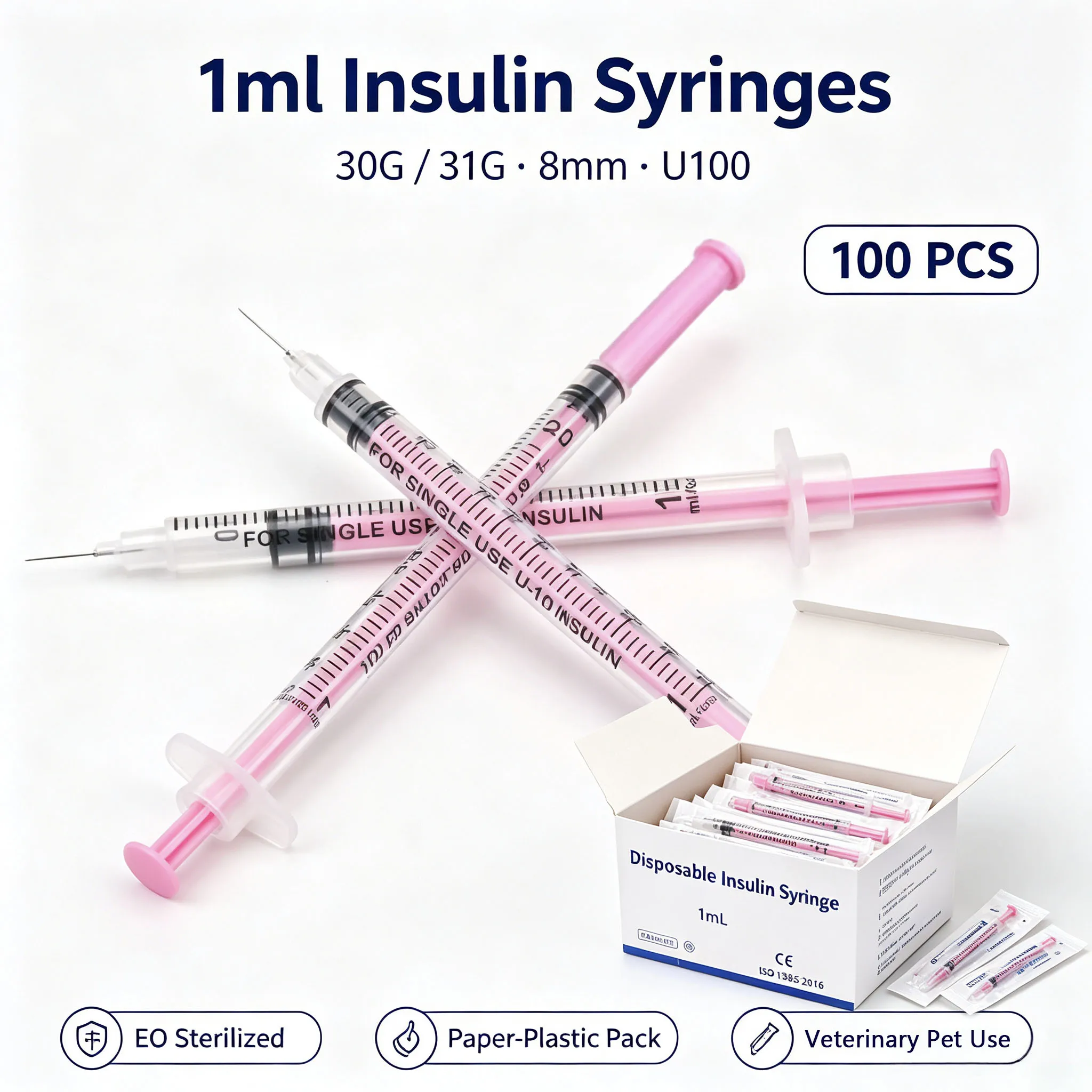100Pcs/Box 1ml U100 Pink Insulin Syringe 30G 8mm 31G 8mm EO Sterile Disposable Veterinary Syringe for Dogs Cats Pets Injection