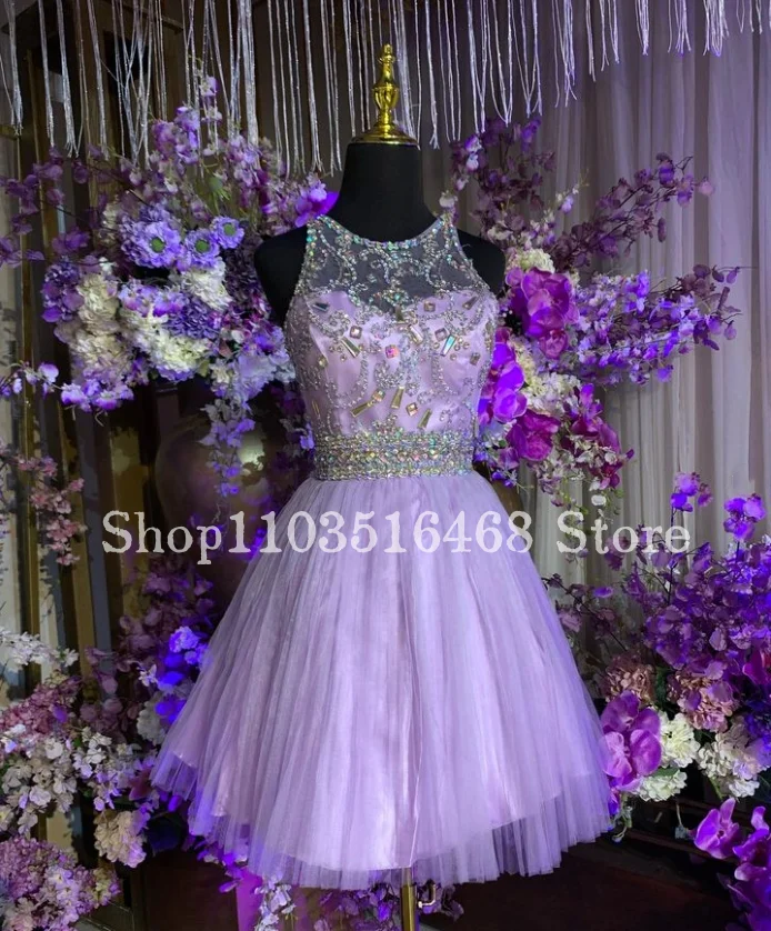 Luxury Diamante Mini Quinceanera Dresses 2024 Round Neck Crystal Beaded Tie Lace Flower Girl Dresses Vestidos De 15 Quinceañera