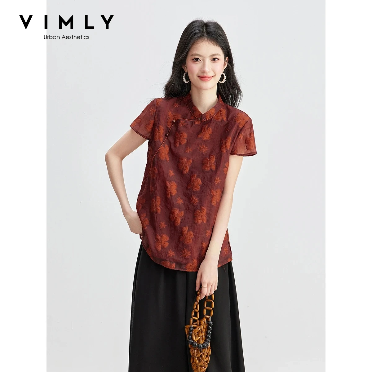 

VIMLY Women's Short Sleeve Shirt New Chinese Style Stand-up Collar 2026 New Irregular Jacquard Top Summer Clothes A6589