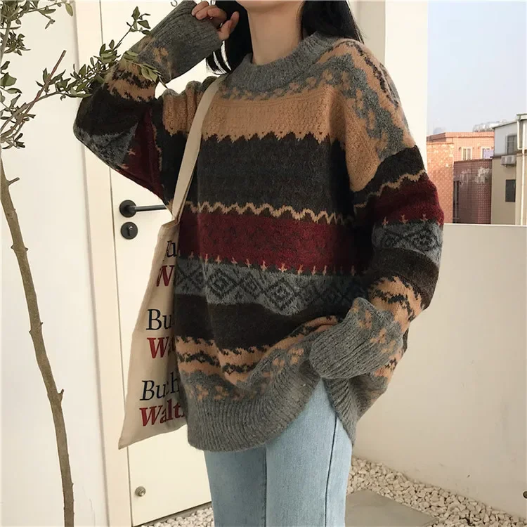 

Vintage Sweaters Women Pullover Winter Striped Jumpers Korean Style Loose Pullover Knitwear Casual Loose Sweater Pull Femme