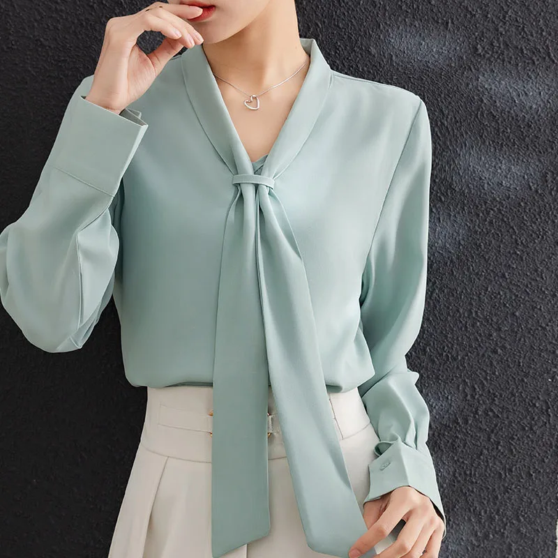 Fashion Long Sleeve V-Neck Women Blouse Solid Lace-up Blouse Shirt Women Tops Blouses Shirts Blusas Para Mujer Blusa Blusas M928