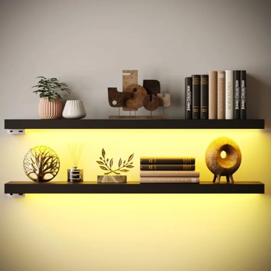 

Floating shelves with LED light for bedroom bathroom living room kitchen; wooden material black color invisible brackets set of