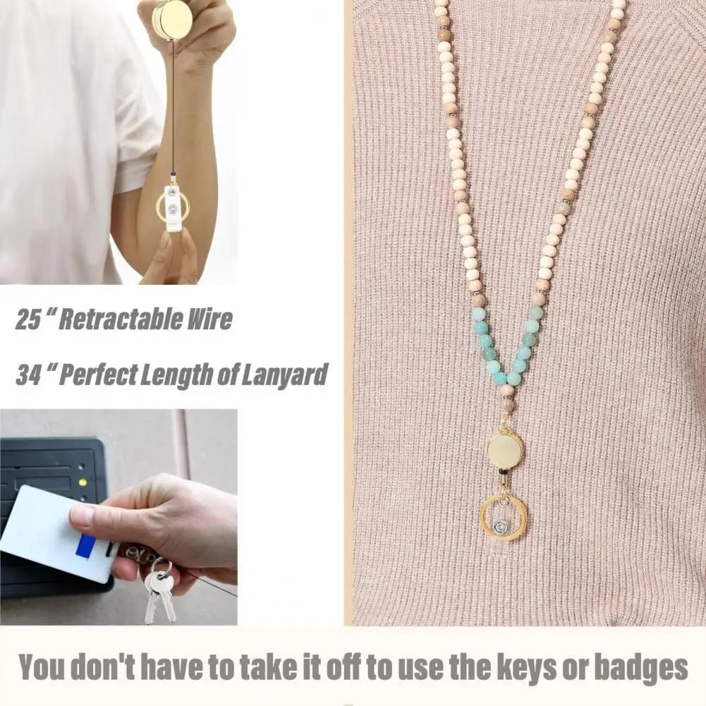 เชือกเส้นเล็กพวงกุญแจลูกปัดไม้ เชือกลูกปัดไม้ธรรมชาติที่หรูหราพร้อมที่ใส่รหัสแบบพับเก็บได้ เข็มกลัดสแตนเลส ครูมีสไตล์