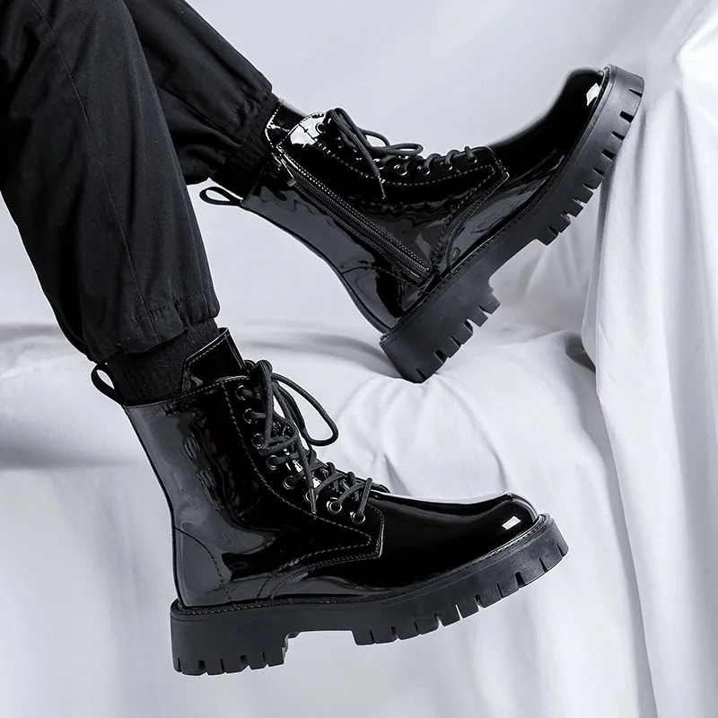 

men fashion patent leather boots lace-up platform shoes party nightclub dress cowboy high boot handsome long motorcycle botas