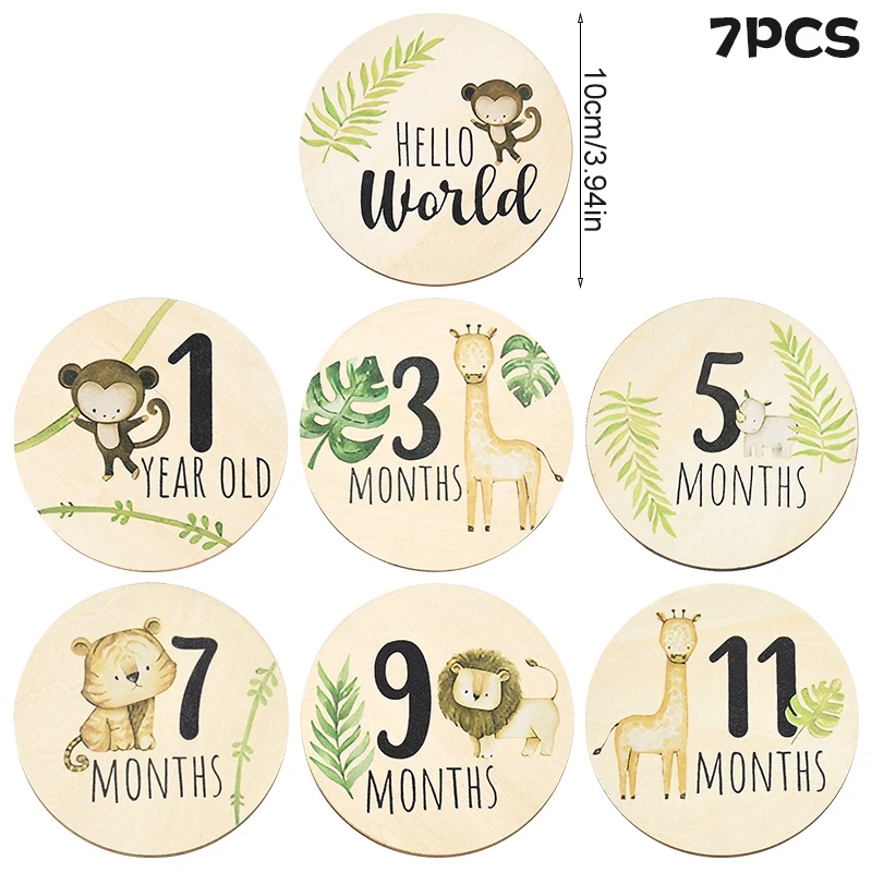 7Pcs/Set Wooden Baby Monthly Milestone Card Wooden Announcement Sign Baby 1st Birthday Decoration Newborn Photography Round Card