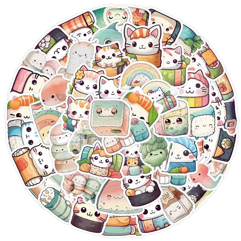 50pcs Kawaii Sushi Cat Stickers Japanese Style Cartoon Cat Waterproof Stickers Notebook Mobile Phone Stickers