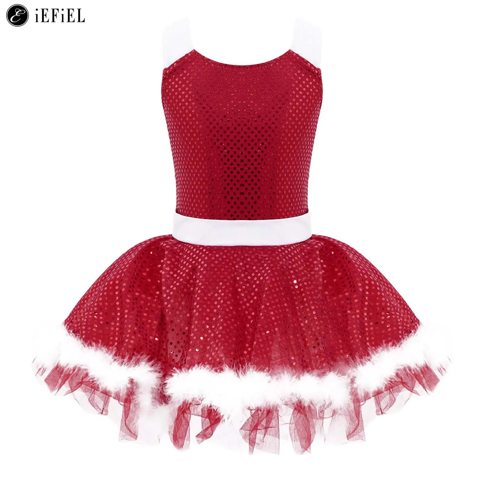 Kids Girls Sequins Keyhole Back Ballet Dance Tutu Dress Leotard Christmas Mrs Santa Claus Stage Performance Costume Dancewear