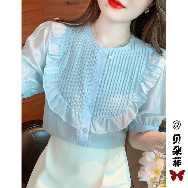 Letnia bluzka z szyfonu z falbankami Damska nowa moda Elegancka modna bluzka z krótkim rękawem