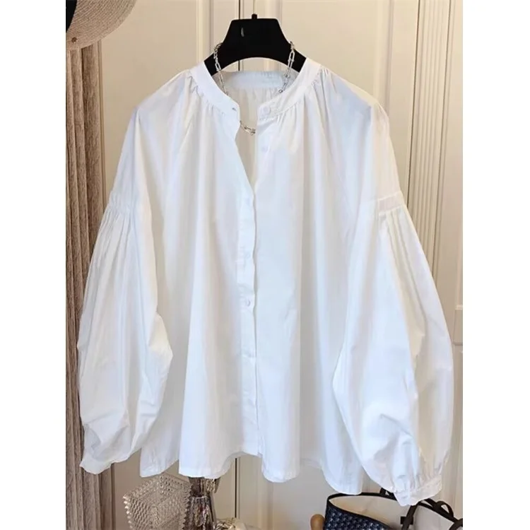 

Korean Sle Loose Fit Women's irt Spring Autumn New Faion round Ne Pleated Bubble Sve Casual Versatile Cotton Top