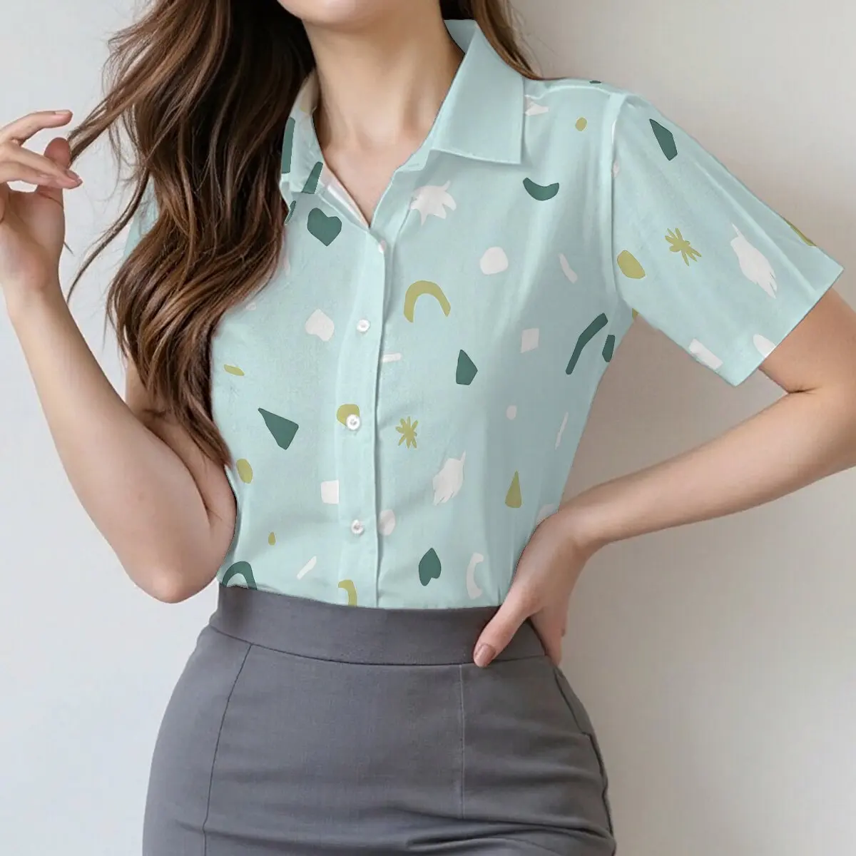 

Simple and personalized geometric printed women's short sleeved lapel shirt, summer fashion, daily versatile casual top