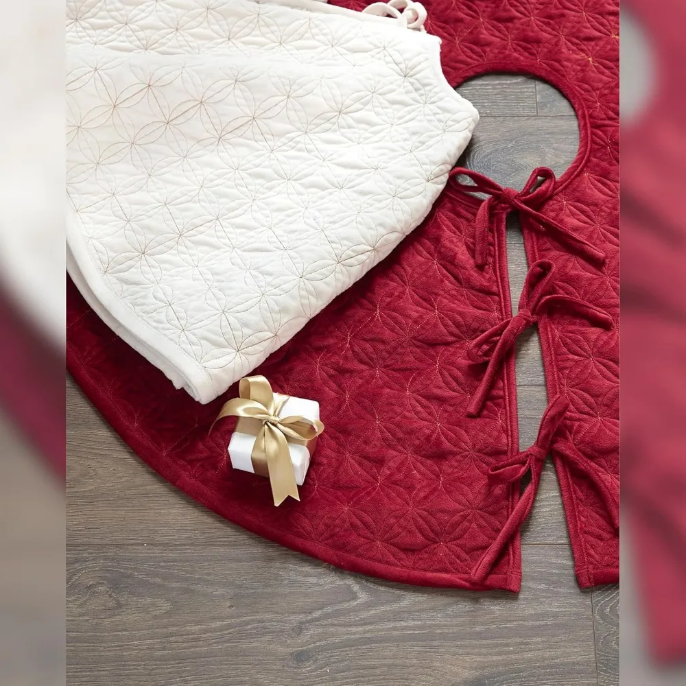 Lancaster Quilted Christmas Tree Skirt - Reversible Tree Skirt with Metallic Gold Threading, Cardinal Red, 84