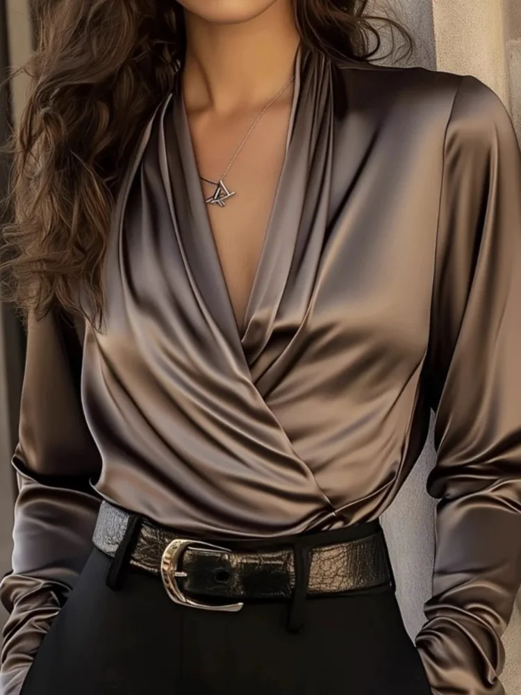 여성용 패션 브이넥 셔츠 우아한 솔리드 긴팔 풀오버 셔츠 탑 캐주얼 오피스 휴가 여성복 봄 신상